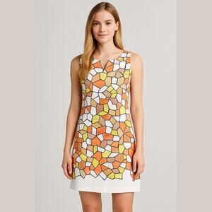 Cece's New York White Yellow Abstract 70s Vibe Sleeveless Lined Shift Dress 6